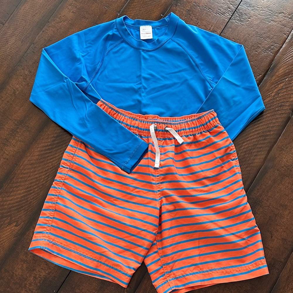 Hanna Andersson Size 140 (10) Coordinating Swim Trunks and Long Rash Guard